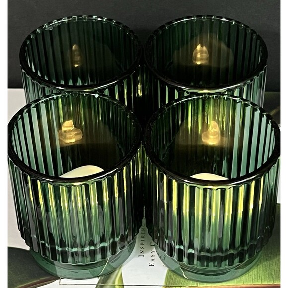 Ribbed Glass Votive Candle Holder Set of 4 Emerald Green Round Holiday Decor - Picture 15 of 17